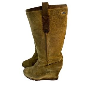 UGG Womens Boots SZ 6.5 Soleil 1008718 Tan Suede Sherling Tall Wedge Pull-On